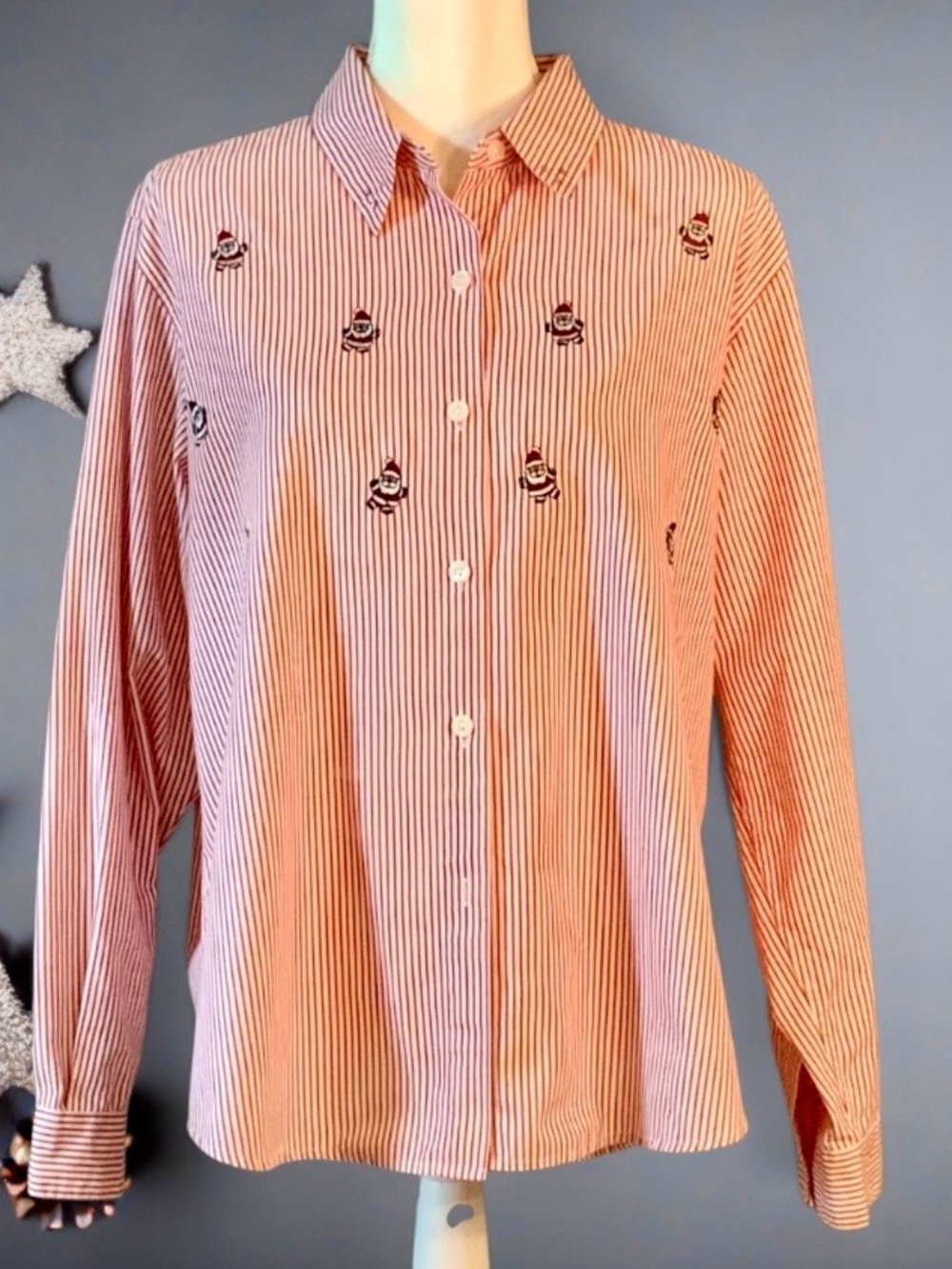 Impressions Striped Red Embroidered Long-Sleeve Button-Up Shirt